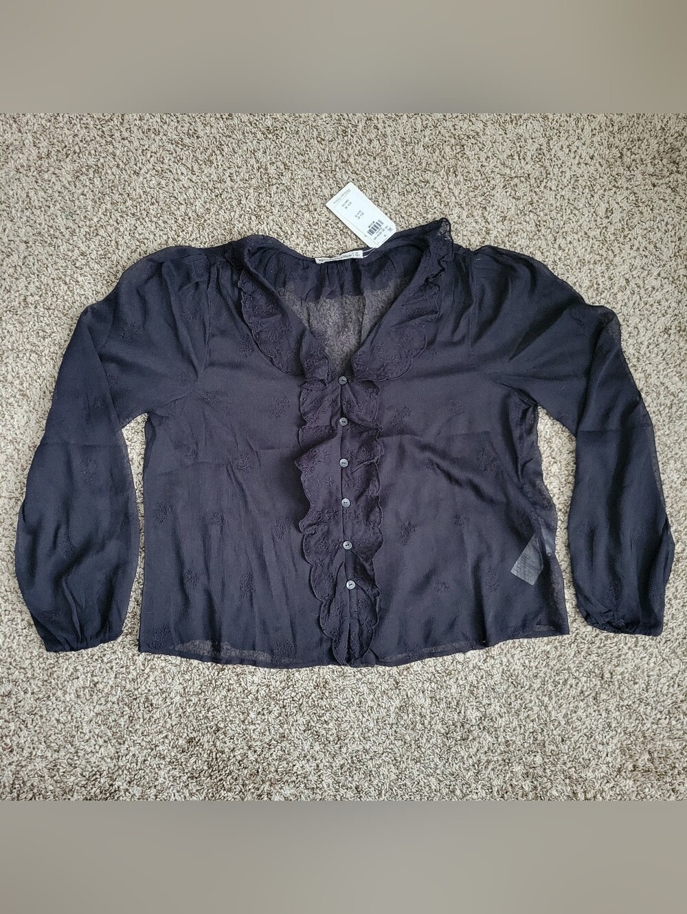 Abercrombie & Fitch Shirt Top Blouse Black Sheer Embroidered Ruffle Medium NWT